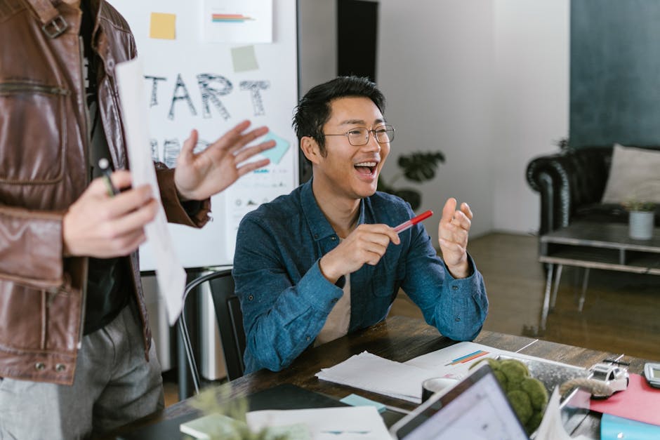 Team members stretching in an office environment